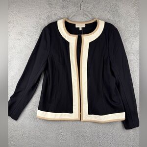 Talbots collarless knit jacket black with white and tan trim size large